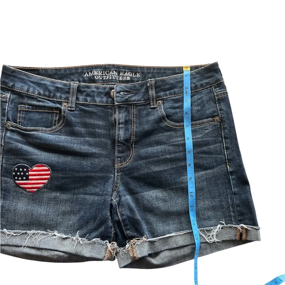 American Eagle Outfitters Dark Blue Denim Shorts with Flag Heart Patch - Picture 3 of 7
